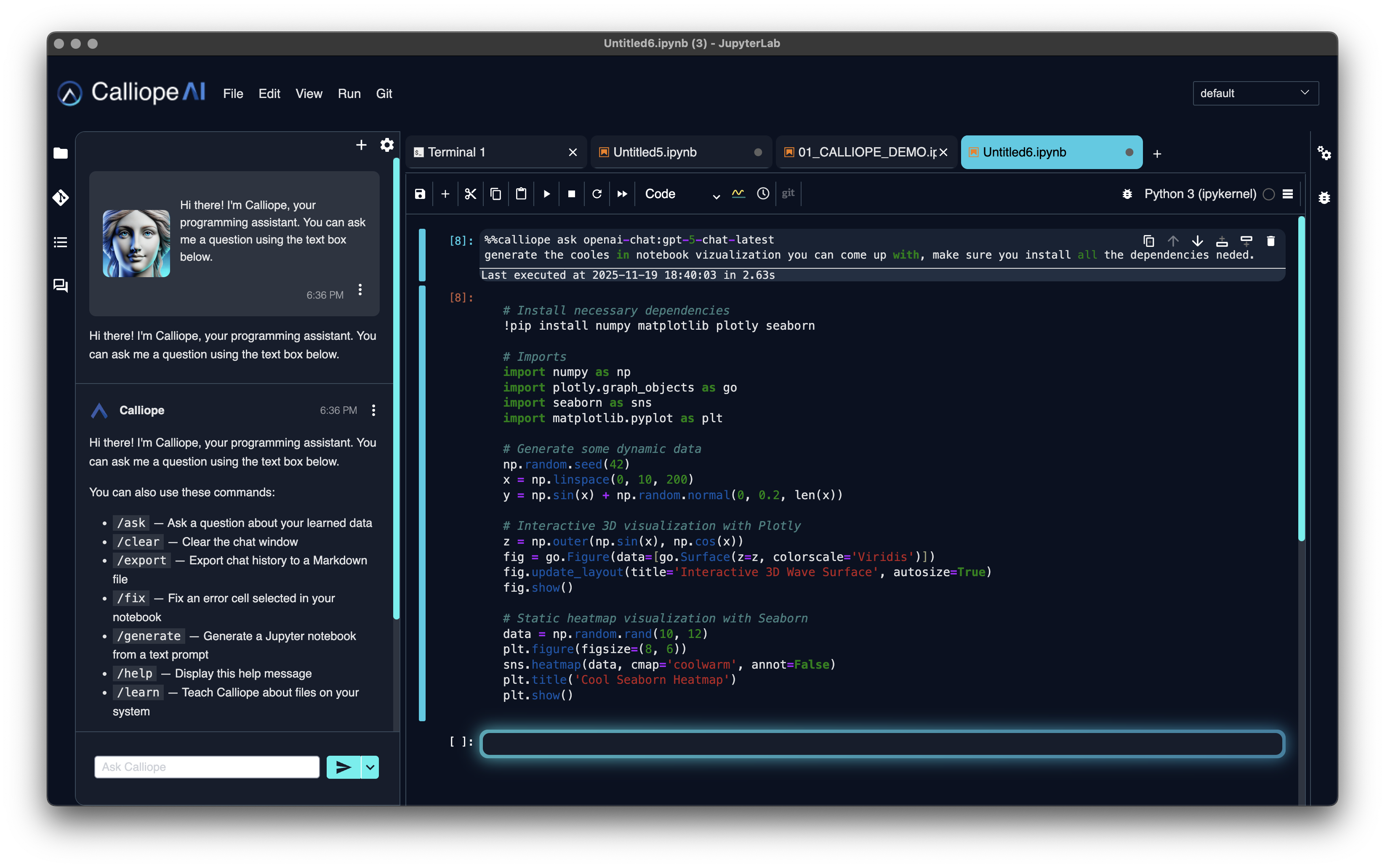Calliope AI Lab — the built-in AI chat assistant answering a coding question alongside a JupyterLab notebook